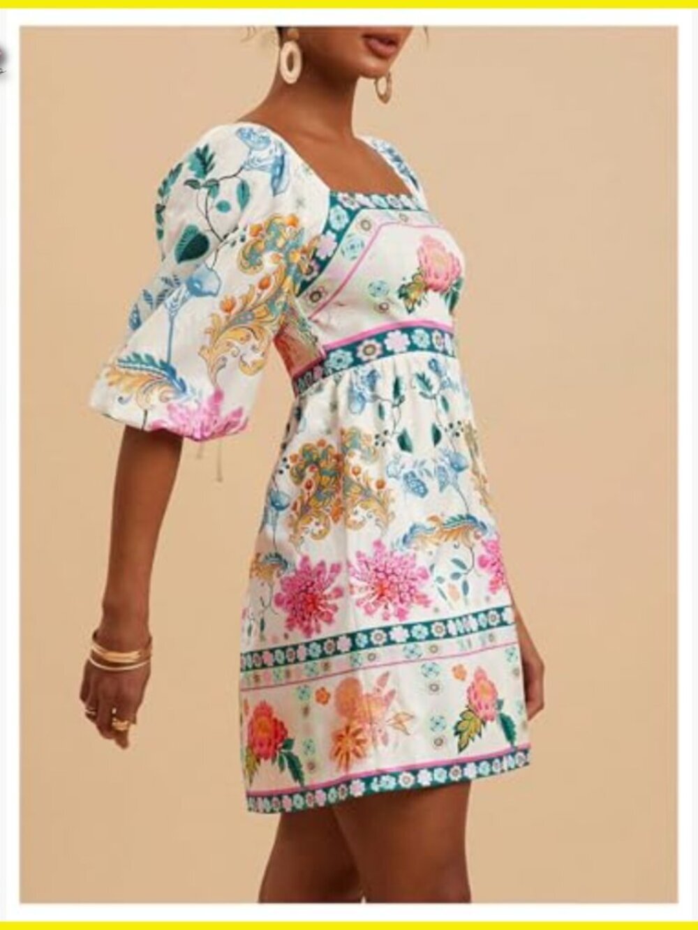 Floral Puff Sleeve A-Line Dress Square Neck Tie Back Boho Casual Chic - Picture 4 of 5